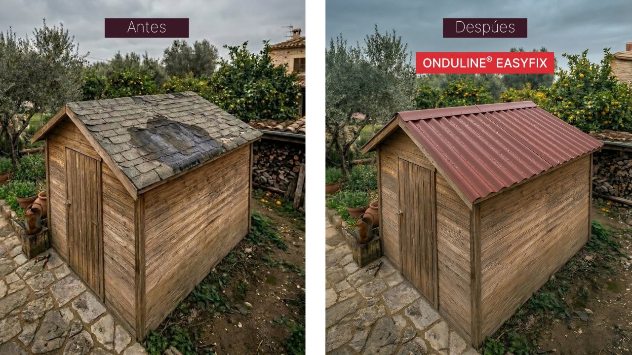 antes y después de reformar el techo de una caseta de jardín